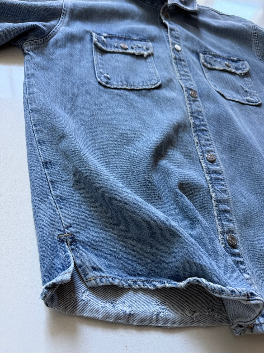 Frame Denim Light Blue Distressed Denim Shirt Jacket, Relaxed Fit, Unisex - Picture 12 of 13